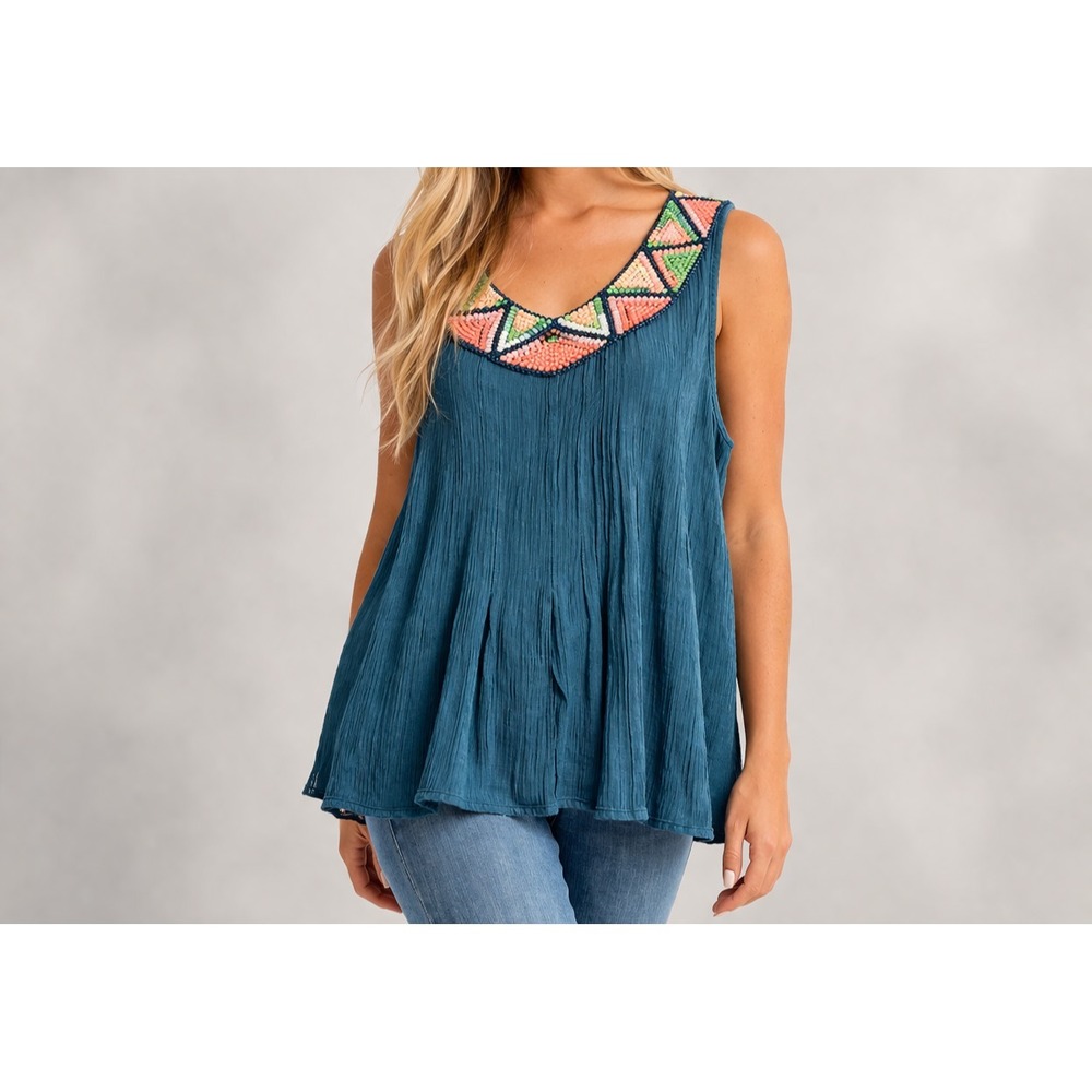 Wrangler Wrancher Teal Beaded Neck Tunic Top Relaxed Western Breathable Size XL